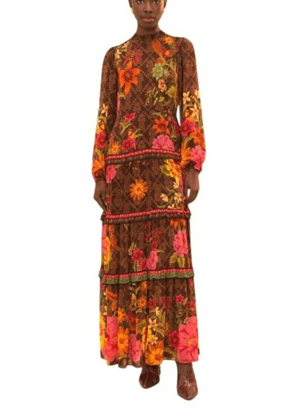 Farm Rio Brown Charming Garden Maxi Dress Large New